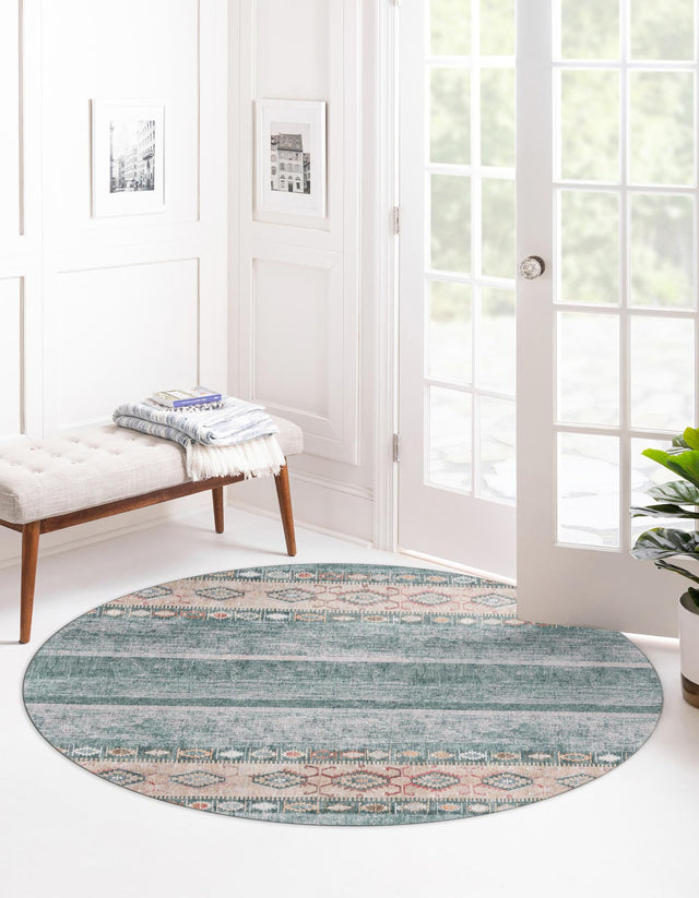 Washable Green 3' 6 x 3' 6 Timeless Round Area Rug Easy to Clean Stain Resistant & Durable Traditional Classic Vintage Design Carpet for Sale at Rug Engine