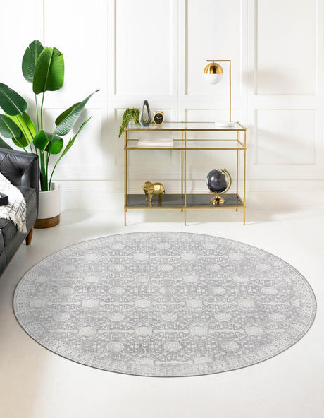 Washable Gray 3' 6 x 3' 6 Timeless Round Area Rug Easy to Clean Stain Resistant & Durable Traditional Classic Vintage Design Carpet for Sale at Rug Engine