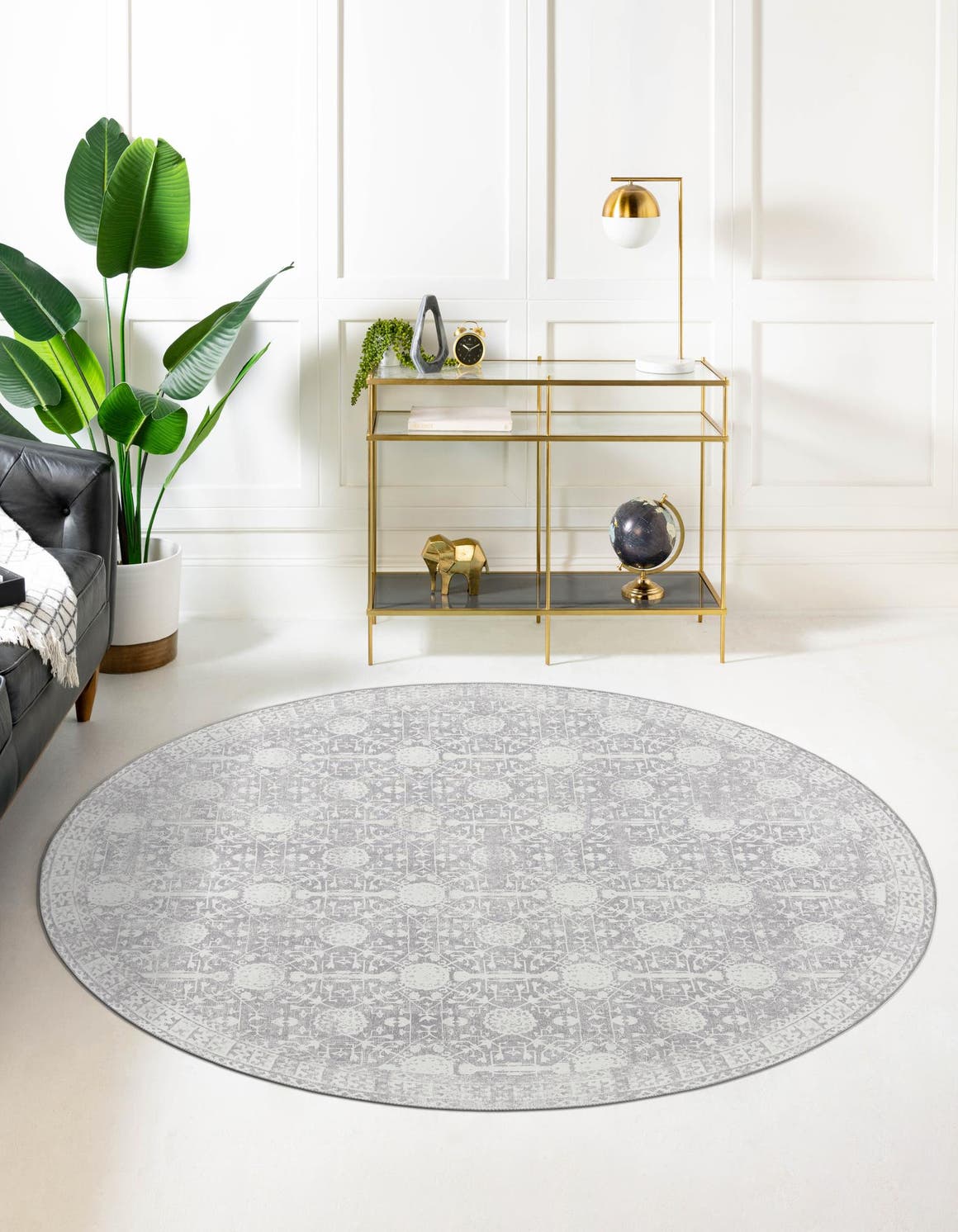 Washable Gray 7' 6 x 7' 6 Timeless Round Area Rug Easy to Clean Stain Resistant & Durable Traditional Classic Vintage Design Carpet for Sale at Rug Engine