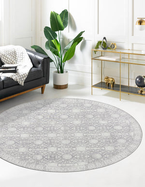 Washable Gray 7' 6 x 7' 6 Timeless Round Area Rug Easy to Clean Stain Resistant & Durable Traditional Classic Vintage Design Carpet for Sale at Rug Engine