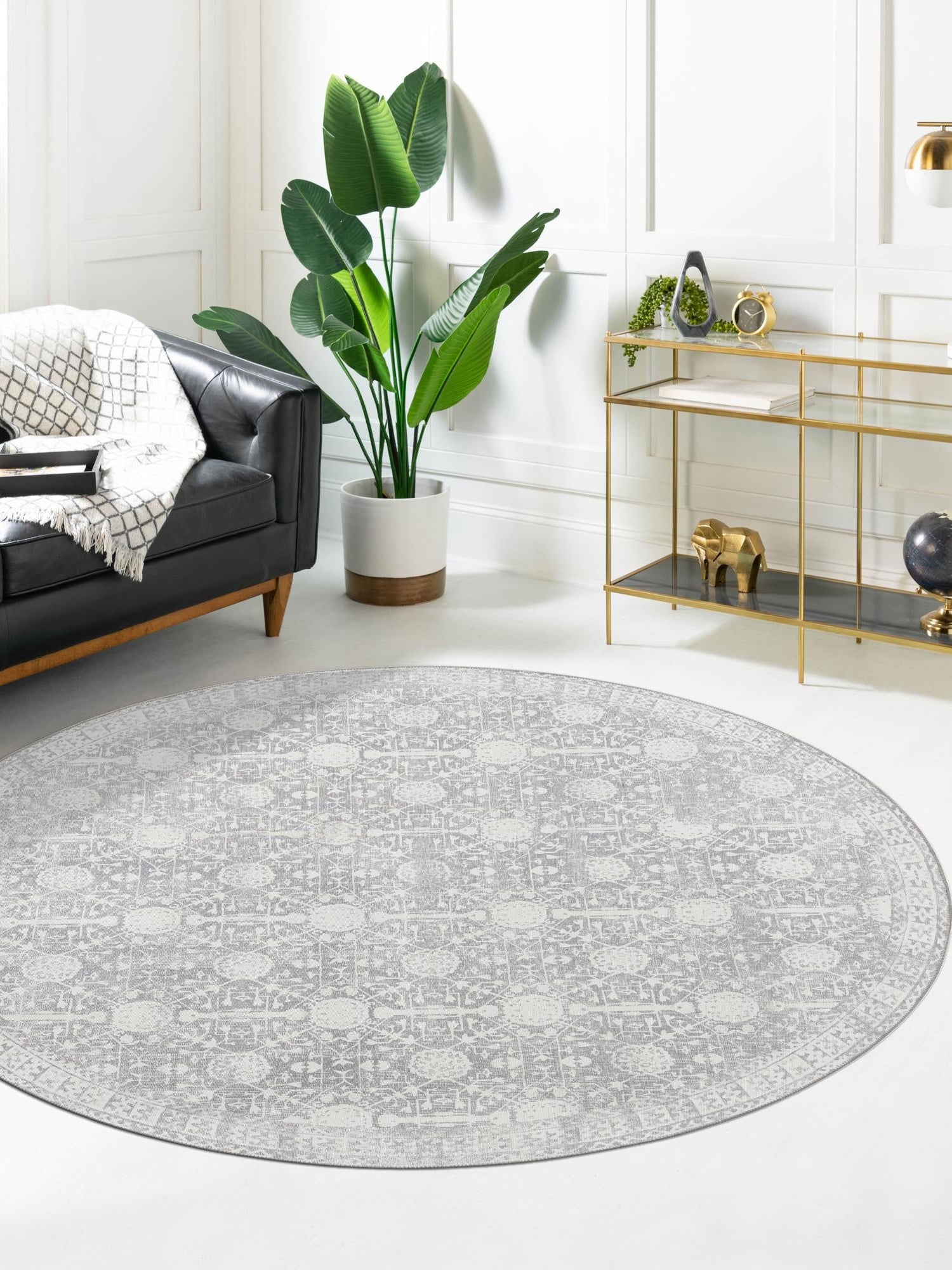 Washable Gray 3' 6 x 3' 6 Timeless Round Area Rug Easy to Clean Stain Resistant & Durable Traditional Classic Vintage Design Carpet for Sale at Rug Engine