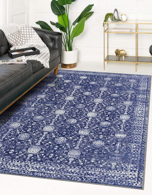 Washable Navy Blue 3' 6 x 5' 6 Timeless Rectangle Area Rug Easy to Clean Stain Resistant & Durable Traditional Classic Vintage Design Carpet for Sale at Rug Engine