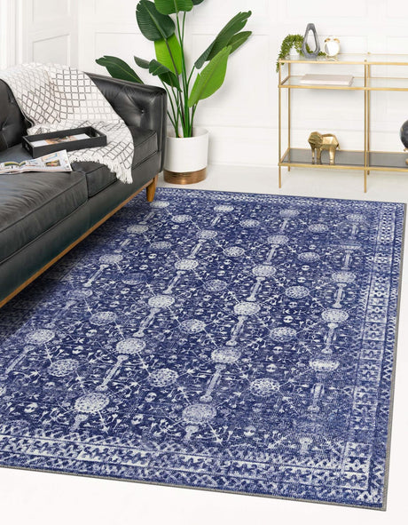 Washable Navy Blue 5' x 8' Timeless Rectangle Area Rug Easy to Clean Stain Resistant & Durable Traditional Classic Vintage Design Carpet for Sale at Rug Engine