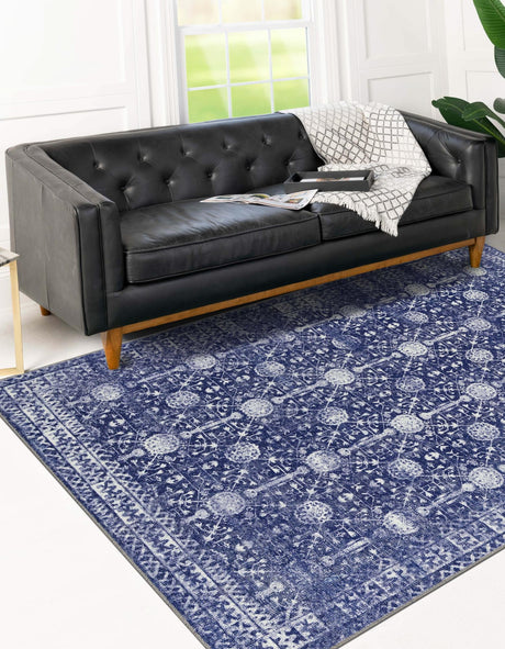 Washable Navy Blue 8' 4 x 12' Timeless Rectangle Area Rug Easy to Clean Stain Resistant & Durable Traditional Classic Vintage Design Carpet for Sale at Rug Engine