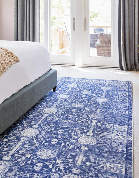 Washable Navy Blue 3' 6 x 5' 6 Timeless Rectangle Area Rug Easy to Clean Stain Resistant & Durable Traditional Classic Vintage Design Carpet for Sale at Rug Engine