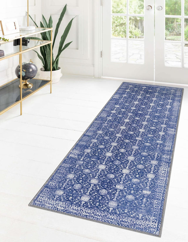 Washable Navy Blue 2' 6 x 12' Timeless Runner Area Rug Easy to Clean Stain Resistant & Durable Traditional Classic Vintage Design Carpet for Sale at Rug Engine