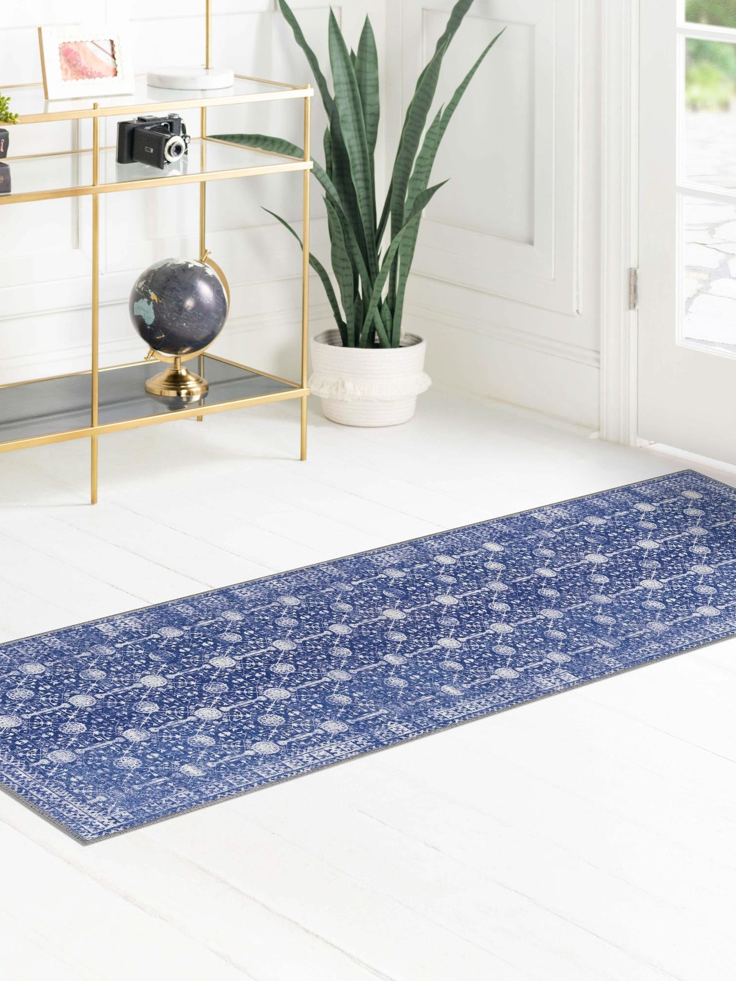 Washable Navy Blue 2' 6 x 12' Timeless Runner Area Rug Easy to Clean Stain Resistant & Durable Traditional Classic Vintage Design Carpet for Sale at Rug Engine