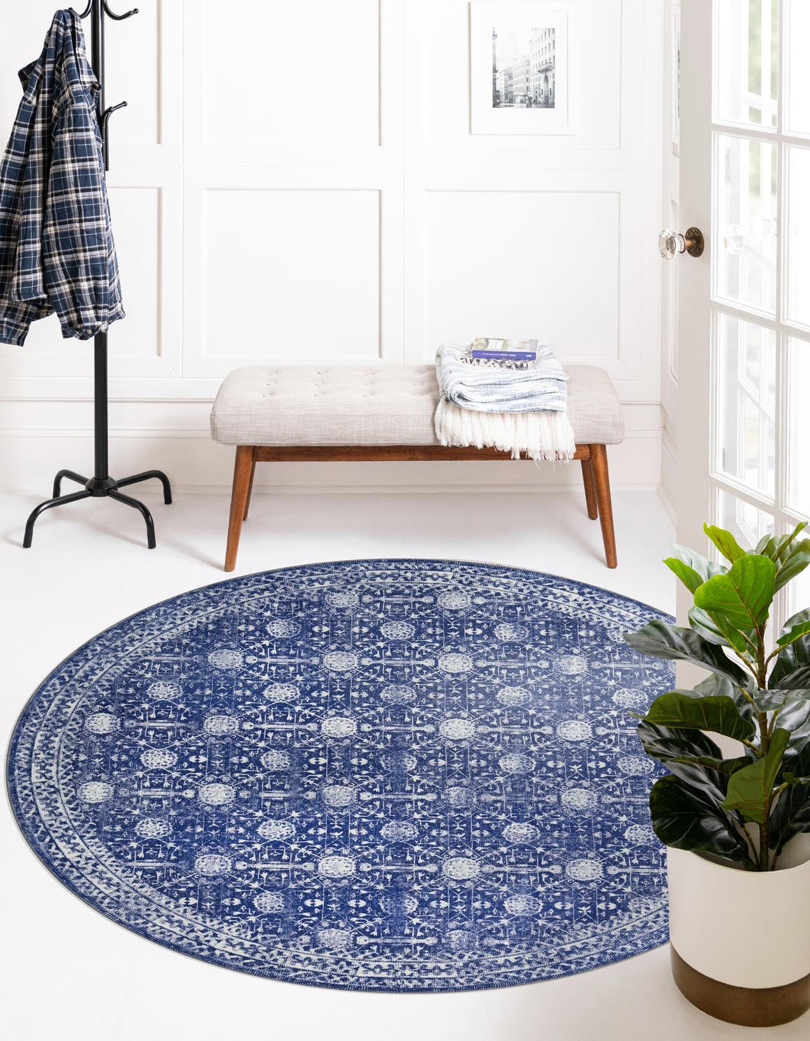 Washable Navy Blue 7' 6 x 7' 6 Timeless Round Area Rug Easy to Clean Stain Resistant & Durable Traditional Classic Vintage Design Carpet for Sale at Rug Engine