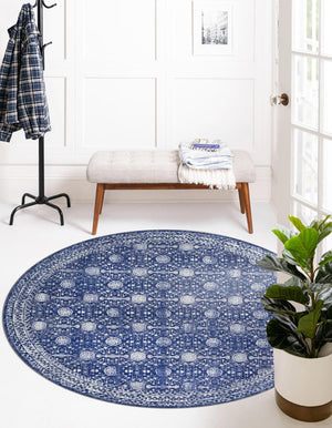 Washable Navy Blue 7' 6 x 7' 6 Timeless Round Area Rug Easy to Clean Stain Resistant & Durable Traditional Classic Vintage Design Carpet for Sale at Rug Engine