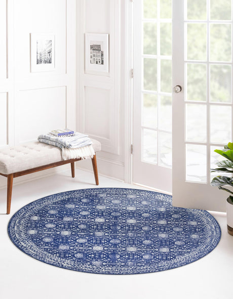 Washable Navy Blue 7' 6 x 7' 6 Timeless Round Area Rug Easy to Clean Stain Resistant & Durable Traditional Classic Vintage Design Carpet for Sale at Rug Engine