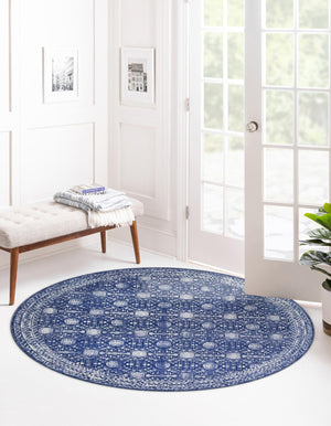 Washable Navy Blue 3' 6 x 3' 6 Timeless Round Area Rug Easy to Clean Stain Resistant & Durable Traditional Classic Vintage Design Carpet for Sale at Rug Engine