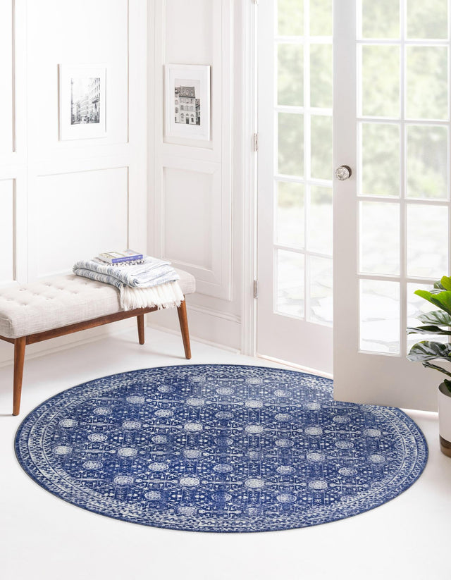 Washable Navy Blue 3' 6 x 3' 6 Timeless Round Area Rug Easy to Clean Stain Resistant & Durable Traditional Classic Vintage Design Carpet for Sale at Rug Engine