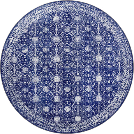 Washable Navy Blue 7' 6 x 7' 6 Timeless Round Area Rug Easy to Clean Stain Resistant & Durable Traditional Classic Vintage Design Carpet for Sale at Rug Engine