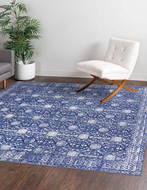 Washable Navy Blue 7' 6 x 7' 6 Timeless Square Area Rug Easy to Clean Stain Resistant & Durable Traditional Classic Vintage Design Carpet for Sale at Rug Engine