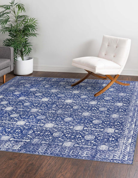 Washable Navy Blue 7' 6 x 7' 6 Timeless Square Area Rug Easy to Clean Stain Resistant & Durable Traditional Classic Vintage Design Carpet for Sale at Rug Engine