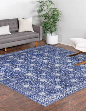 Washable Navy Blue 7' 6 x 7' 6 Timeless Square Area Rug Easy to Clean Stain Resistant & Durable Traditional Classic Vintage Design Carpet for Sale at Rug Engine