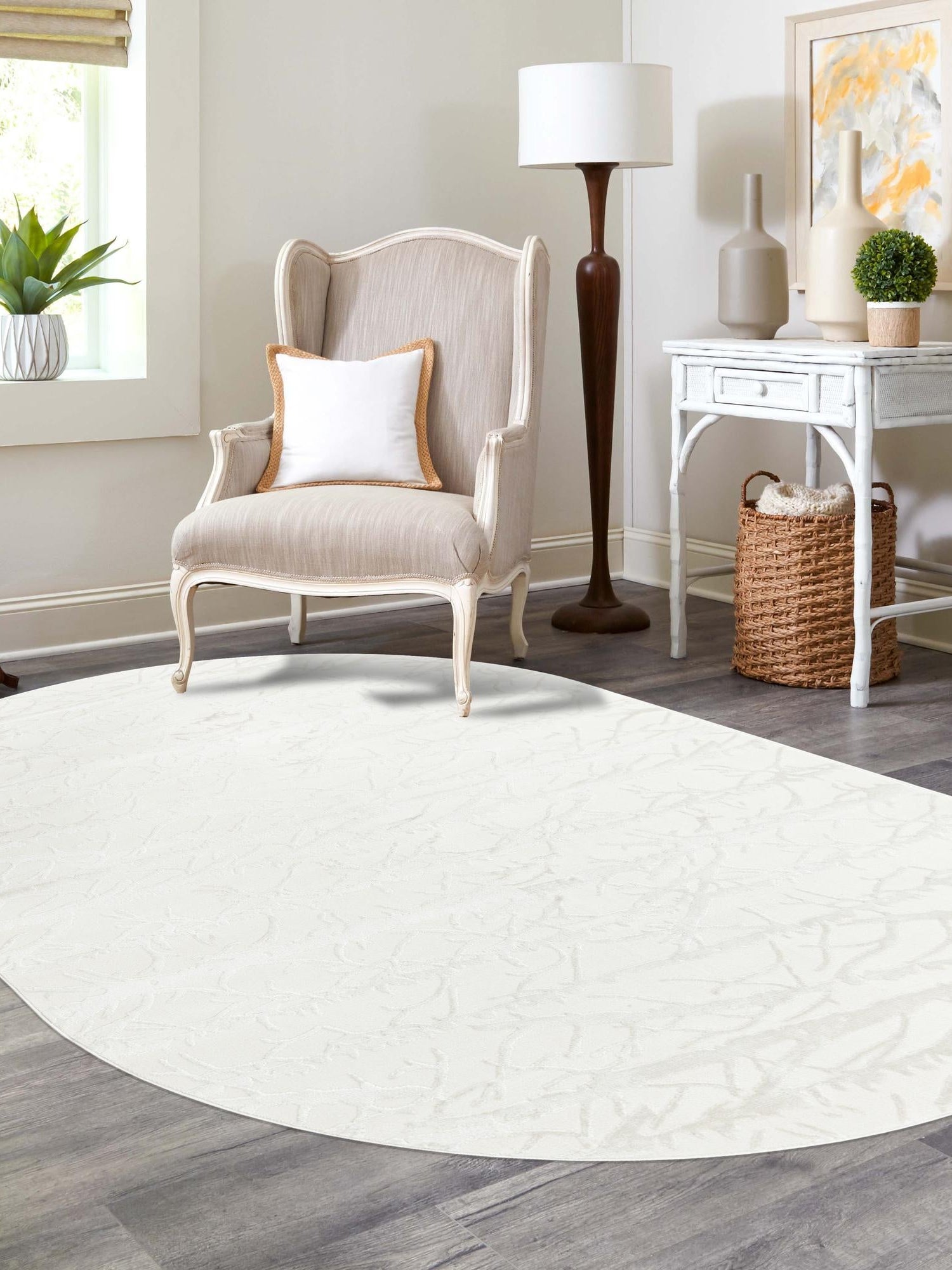 Ivory 5' 3 x 8' Finsbury Oval Area Rug 60% Polypropylene & 40% Polyester Contemporary Carpet for Living Rooms, Dining, Offices for Sale at Rug Engine