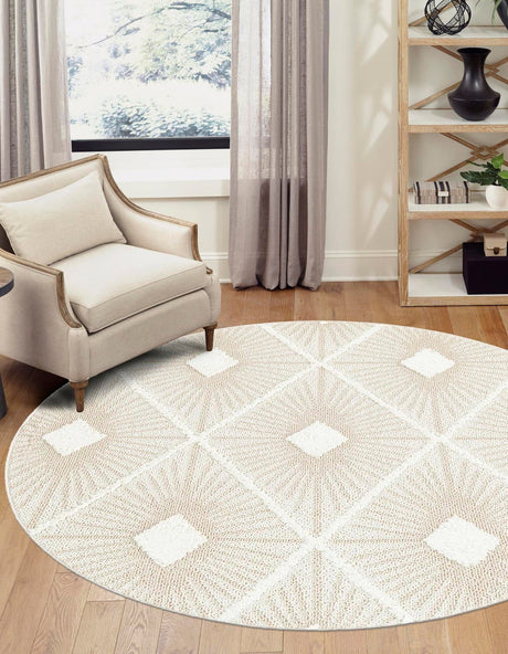 Ivory 3' 3 x 3' 3 Boho Round Area Rug 100% Polyester With Cotton Backing Geometric Modern Boho Bohemian Decor Carpet for Living Rooms Office Dining Kitchen Unique Interior Design for Sale at Rug Engine
