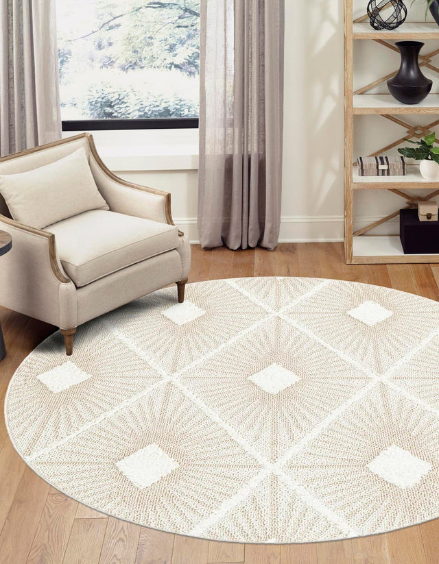 Ivory 7' 10 x 7' 10 Boho Round Area Rug 100% Polyester With Cotton Backing Geometric Modern Boho Bohemian Decor Carpet for Living Rooms Office Dining Kitchen Unique Interior Design for Sale at Rug Engine