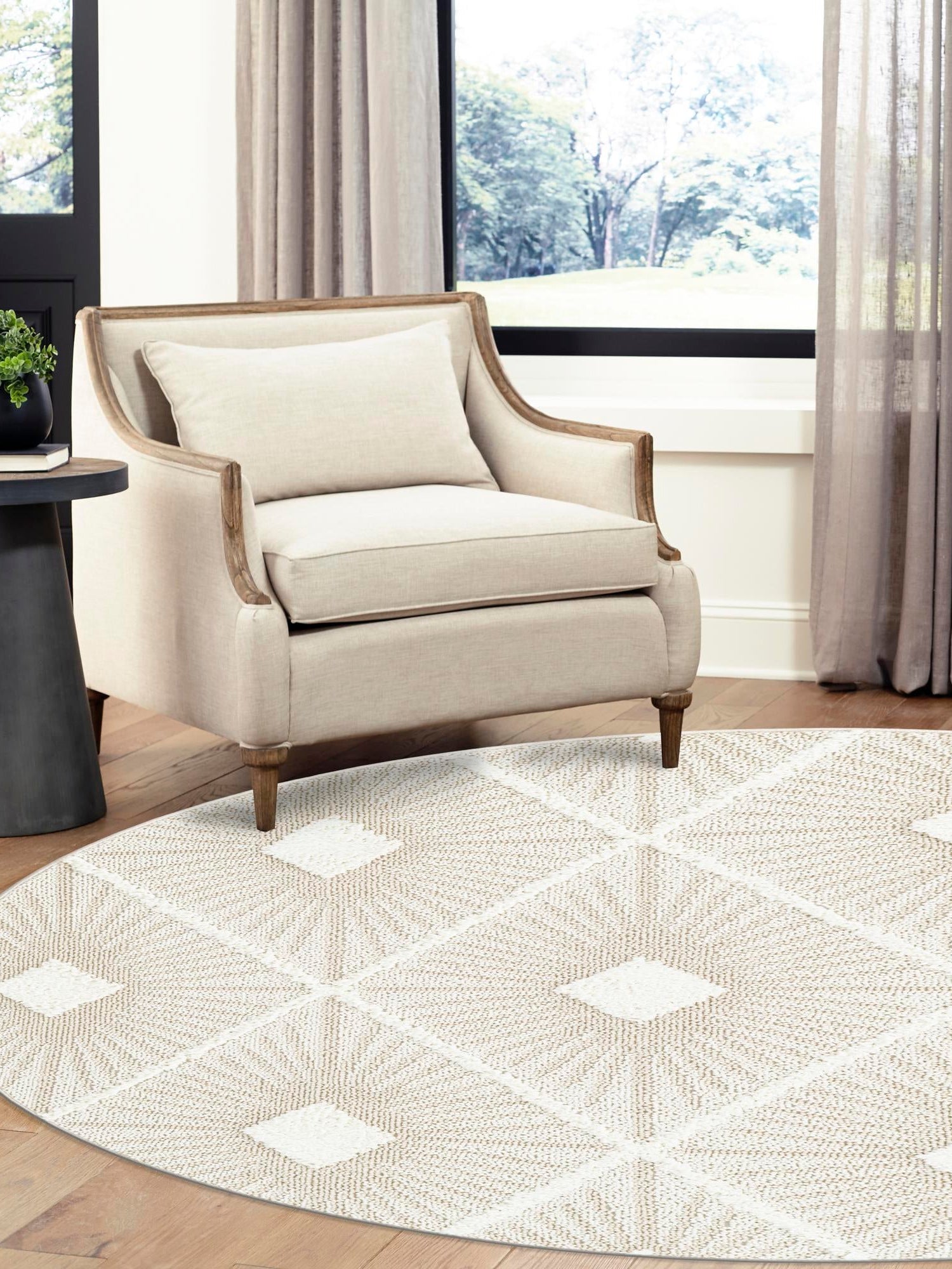 Ivory 5' 3 x 5' 3 Boho Round Area Rug 100% Polyester With Cotton Backing Geometric Modern Boho Bohemian Decor Carpet for Living Rooms Office Dining Kitchen Unique Interior Design for Sale at Rug Engine