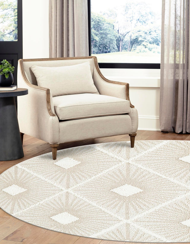 Ivory 5' 3 x 5' 3 Boho Round Area Rug 100% Polyester With Cotton Backing Geometric Modern Boho Bohemian Decor Carpet for Living Rooms Office Dining Kitchen Unique Interior Design for Sale at Rug Engine