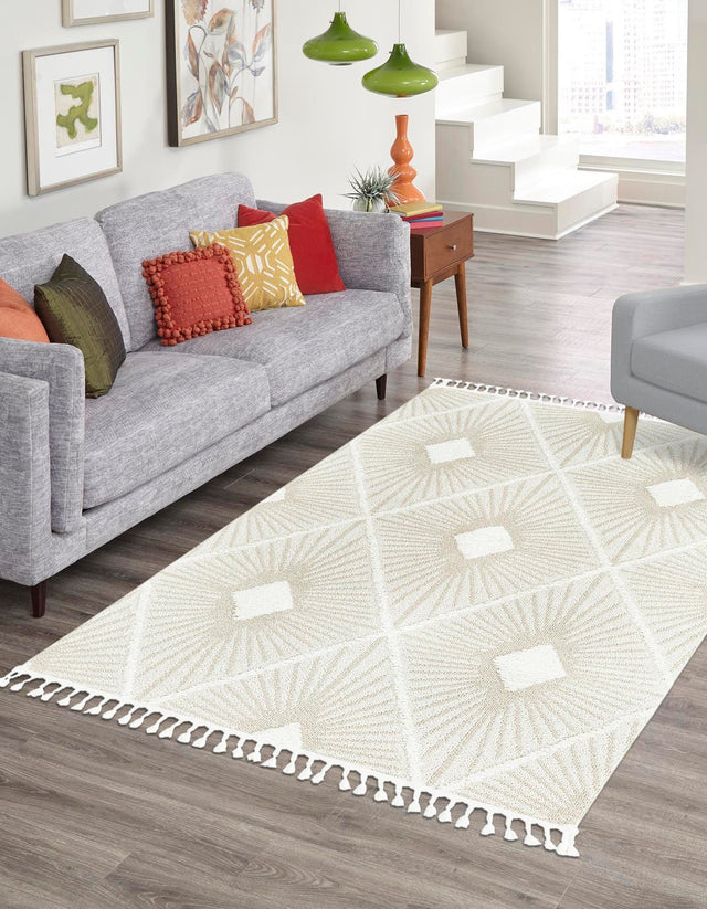 Ivory 2' x 3' 1 Boho Rectangle Area Rug 100% Polyester With Cotton Backing Geometric Modern Boho Bohemian Decor Carpet for Living Rooms Office Dining Kitchen Unique Interior Design for Sale at Rug Engine