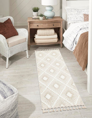 Ivory 2' x 6' 1 Boho Runner Area Rug 100% Polyester With Cotton Backing Geometric Modern Boho Bohemian Decor Carpet for Living Rooms Office Dining Kitchen Unique Interior Design for Sale at Rug Engine