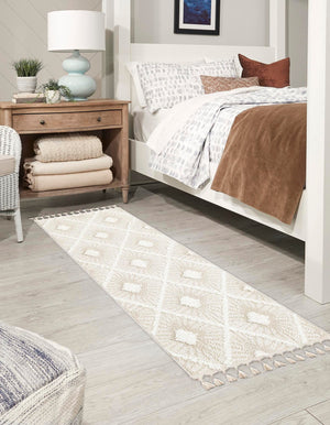Ivory 2' x 4' 1 Boho Runner Area Rug 100% Polyester With Cotton Backing Geometric Modern Boho Bohemian Decor Carpet for Living Rooms Office Dining Kitchen Unique Interior Design for Sale at Rug Engine