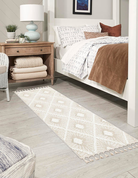 Ivory 2' x 6' 1 Boho Runner Area Rug 100% Polyester With Cotton Backing Geometric Modern Boho Bohemian Decor Carpet for Living Rooms Office Dining Kitchen Unique Interior Design for Sale at Rug Engine