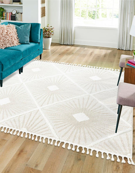 Ivory 7' 10 x 7' 10 Boho Square Area Rug 100% Polyester With Cotton Backing Geometric Modern Boho Bohemian Decor Carpet for Living Rooms Office Dining Kitchen Unique Interior Design for Sale at Rug Engine