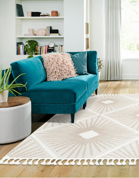 Ivory 7' 10 x 7' 10 Boho Square Area Rug 100% Polyester With Cotton Backing Geometric Modern Boho Bohemian Decor Carpet for Living Rooms Office Dining Kitchen Unique Interior Design for Sale at Rug Engine