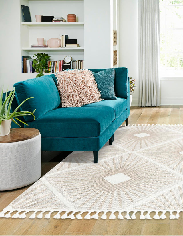 Ivory 7' 10 x 7' 10 Boho Square Area Rug 100% Polyester With Cotton Backing Geometric Modern Boho Bohemian Decor Carpet for Living Rooms Office Dining Kitchen Unique Interior Design for Sale at Rug Engine