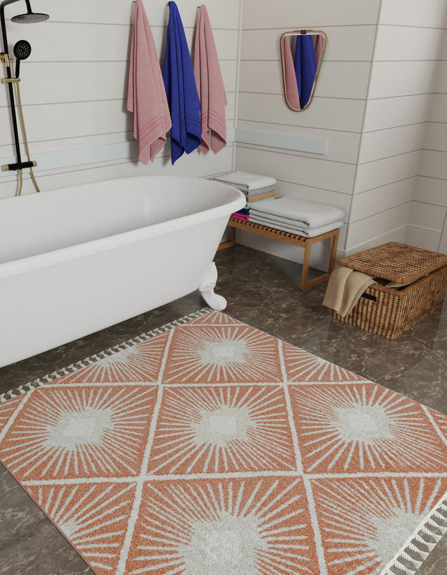 Rust Red 10' x 10' Boho Square Area Rug 100% Polyester With Cotton Backing Geometric Modern Boho Bohemian Decor Carpet for Living Rooms Office Dining Kitchen Unique Interior Design for Sale at Rug Engine