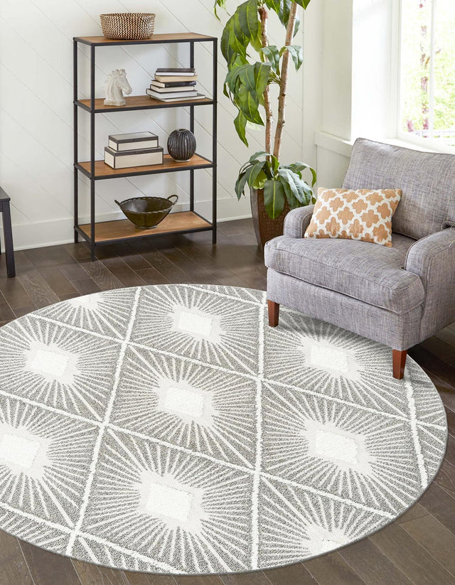 Gray Ivory 5' 3 x 5' 3 Boho Round Area Rug 100% Polyester With Cotton Backing Geometric Modern Boho Bohemian Decor Carpet for Living Rooms Office Dining Kitchen Unique Interior Design for Sale at Rug Engine
