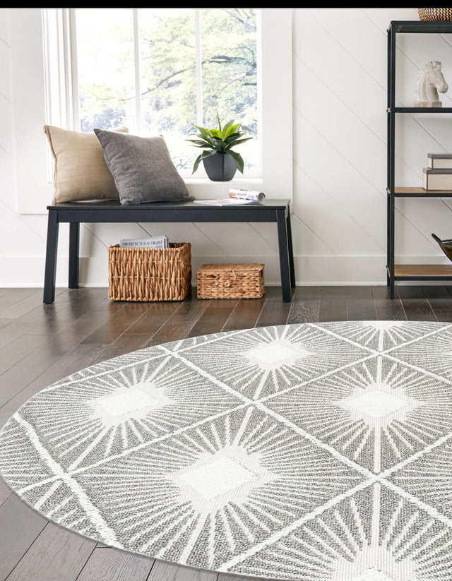 Gray Ivory 5' 3 x 5' 3 Boho Round Area Rug 100% Polyester With Cotton Backing Geometric Modern Boho Bohemian Decor Carpet for Living Rooms Office Dining Kitchen Unique Interior Design for Sale at Rug Engine