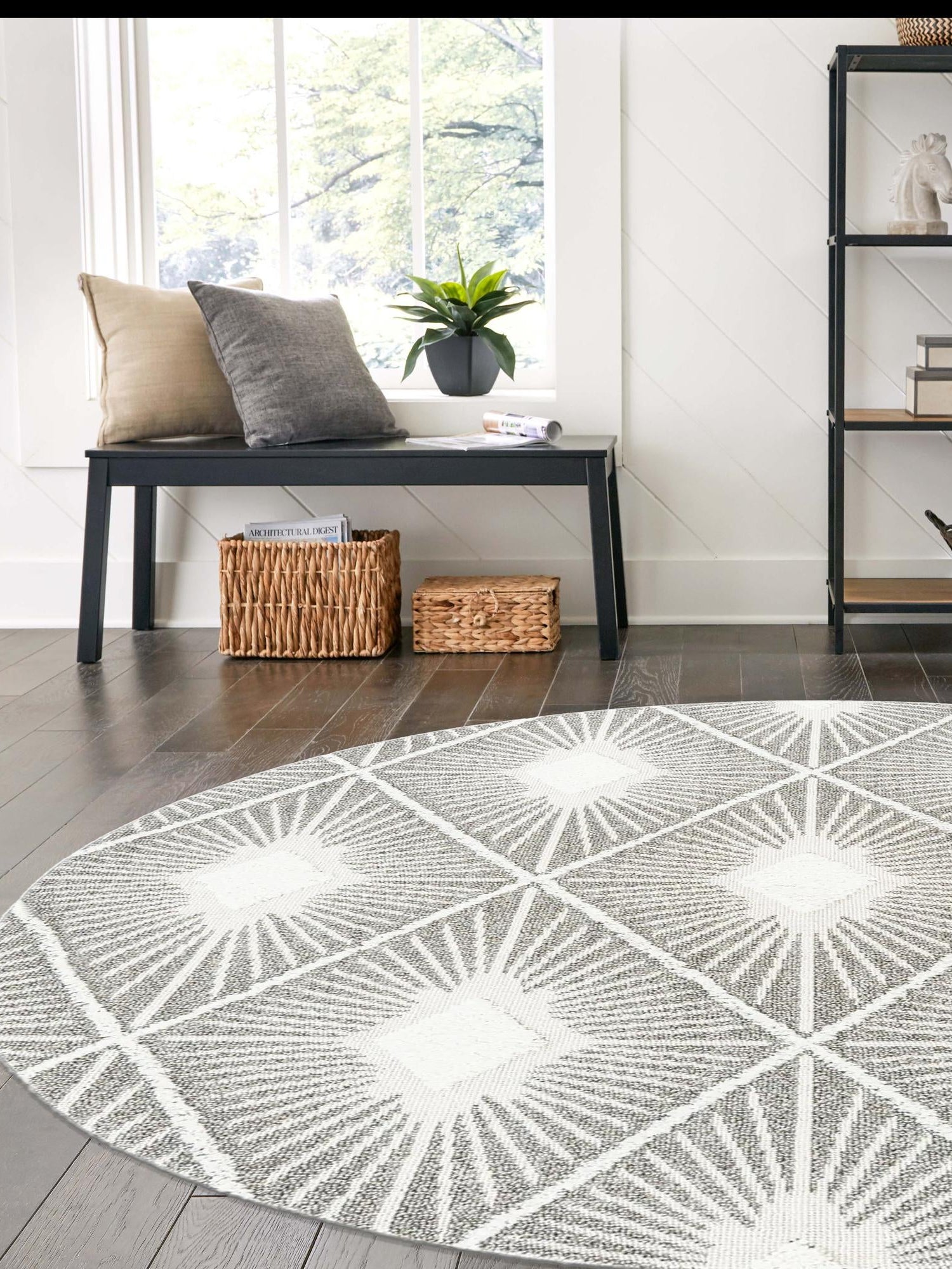 Gray Ivory 7' 10 x 7' 10 Boho Round Area Rug 100% Polyester With Cotton Backing Geometric Modern Boho Bohemian Decor Carpet for Living Rooms Office Dining Kitchen Unique Interior Design for Sale at Rug Engine