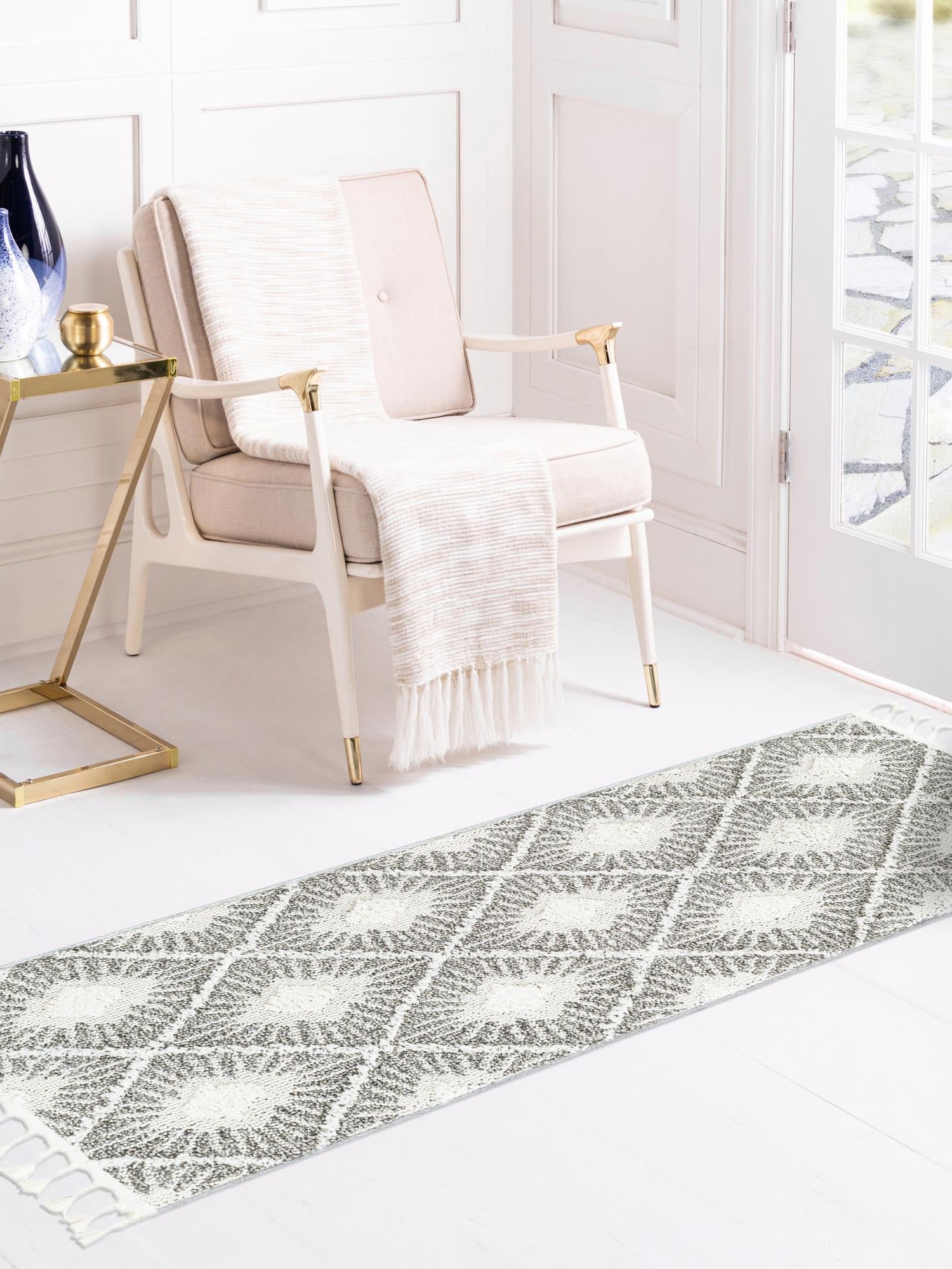 Gray Ivory 2' x 8' Boho Runner Area Rug 100% Polyester With Cotton Backing Geometric Modern Boho Bohemian Decor Carpet for Living Rooms Office Dining Kitchen Unique Interior Design for Sale at Rug Engine