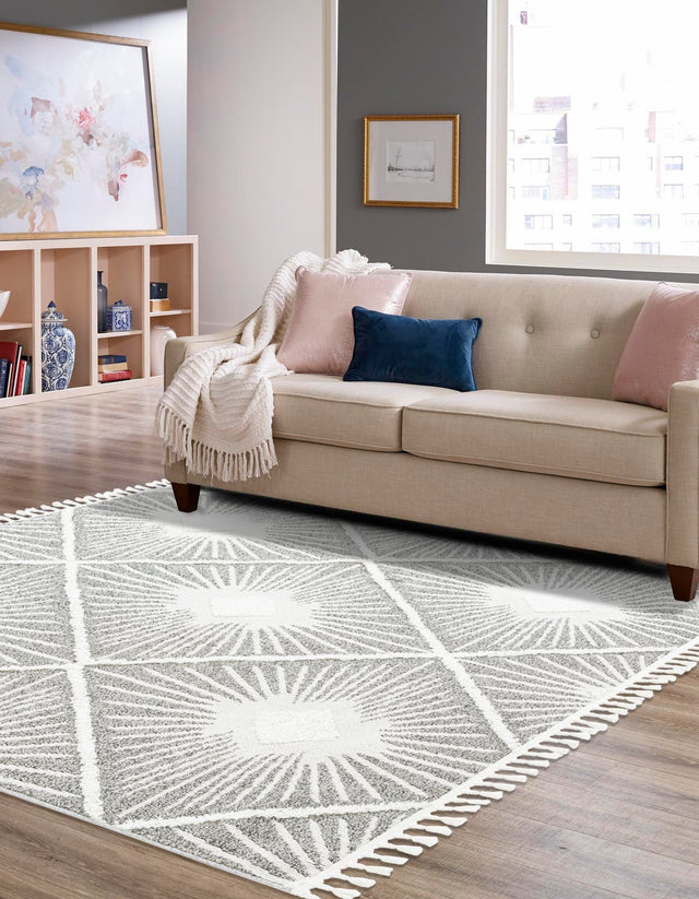 Gray Ivory 7' 10 x 7' 10 Boho Square Area Rug 100% Polyester With Cotton Backing Geometric Modern Boho Bohemian Decor Carpet for Living Rooms Office Dining Kitchen Unique Interior Design for Sale at Rug Engine