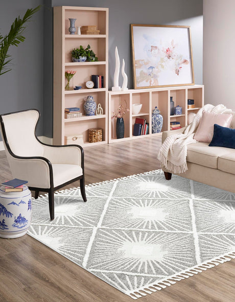 Gray Ivory 7' 10 x 7' 10 Boho Square Area Rug 100% Polyester With Cotton Backing Geometric Modern Boho Bohemian Decor Carpet for Living Rooms Office Dining Kitchen Unique Interior Design for Sale at Rug Engine