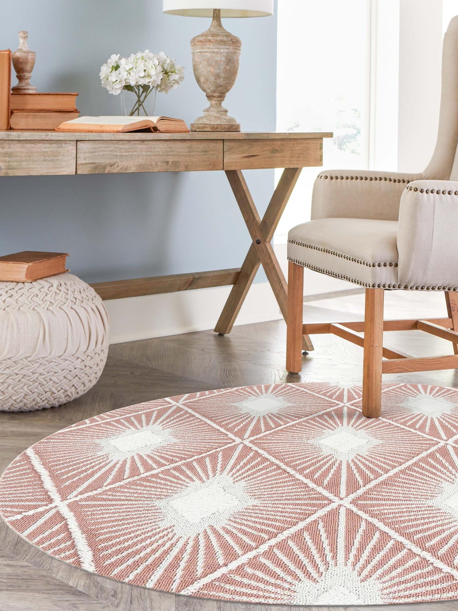 Pink 5' 3 x 5' 3 Boho Round Area Rug 100% Polyester With Cotton Backing Geometric Modern Boho Bohemian Decor Carpet for Living Rooms Office Dining Kitchen Unique Interior Design for Sale at Rug Engine