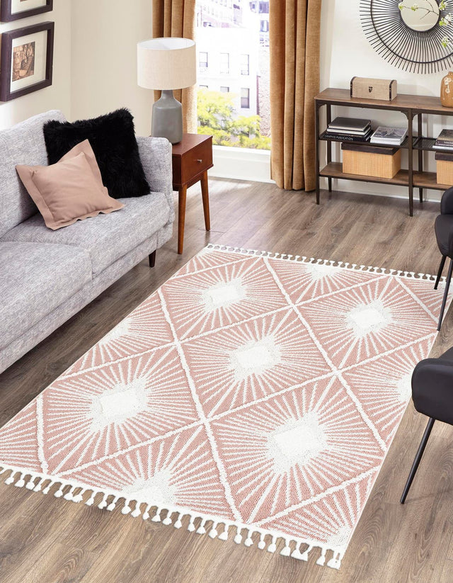Pink 9' x 12' Boho Rectangle Area Rug 100% Polyester With Cotton Backing Geometric Modern Boho Bohemian Decor Carpet for Living Rooms Office Dining Kitchen Unique Interior Design for Sale at Rug Engine