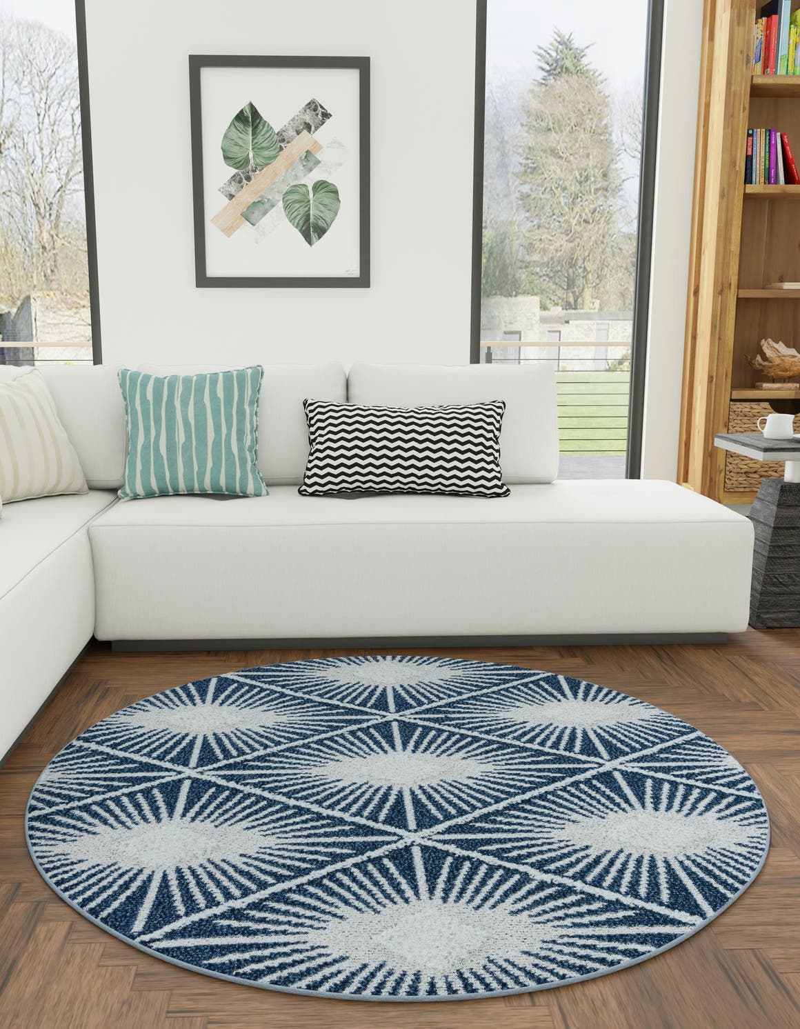 Blue 7' 10 x 7' 10 Boho Round Area Rug 100% Polyester With Cotton Backing Geometric Modern Boho Bohemian Decor Carpet for Living Rooms Office Dining Kitchen Unique Interior Design for Sale at Rug Engine