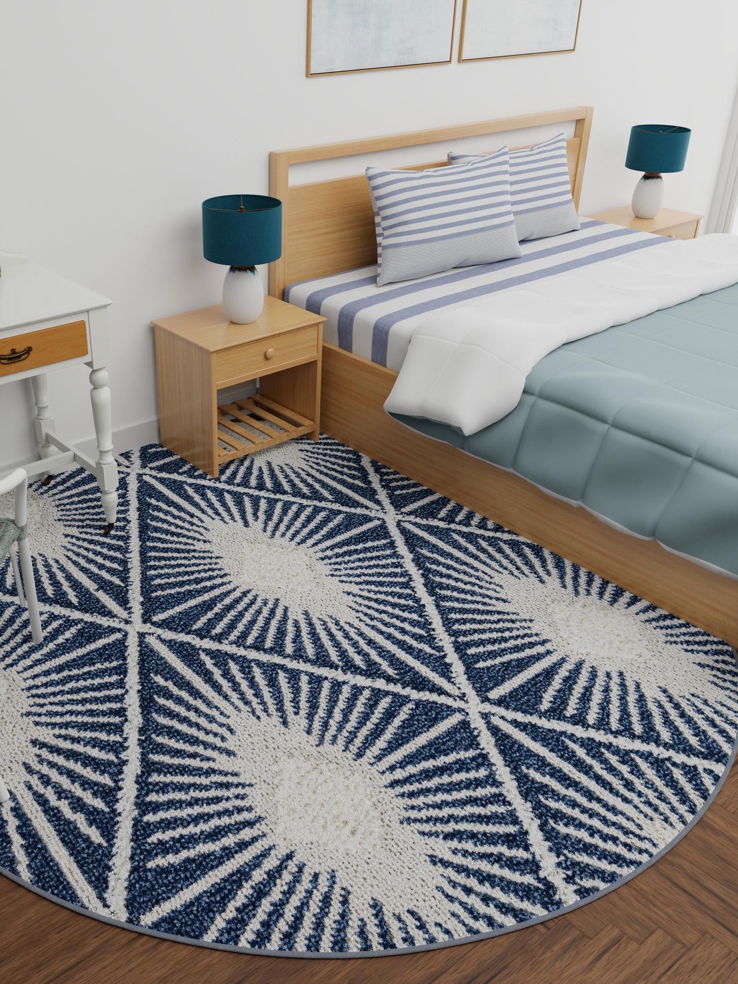 Blue 7' 10 x 7' 10 Boho Round Area Rug 100% Polyester With Cotton Backing Geometric Modern Boho Bohemian Decor Carpet for Living Rooms Office Dining Kitchen Unique Interior Design for Sale at Rug Engine