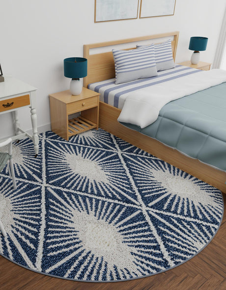 Blue 7' 10 x 7' 10 Boho Round Area Rug 100% Polyester With Cotton Backing Geometric Modern Boho Bohemian Decor Carpet for Living Rooms Office Dining Kitchen Unique Interior Design for Sale at Rug Engine