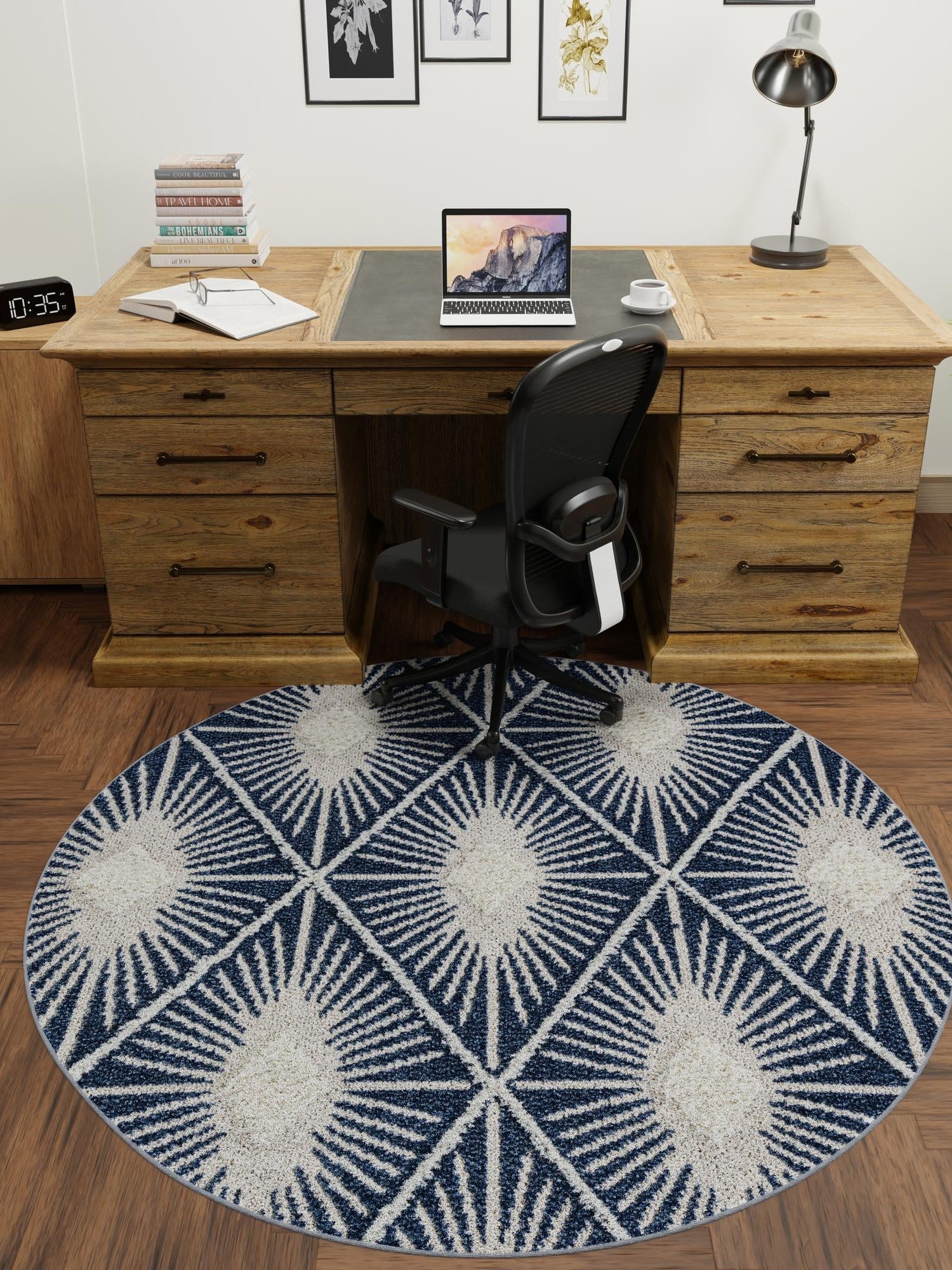 Blue 4' 1 x 4' 1 Boho Round Area Rug 100% Polyester With Cotton Backing Geometric Modern Boho Bohemian Decor Carpet for Living Rooms Office Dining Kitchen Unique Interior Design for Sale at Rug Engine