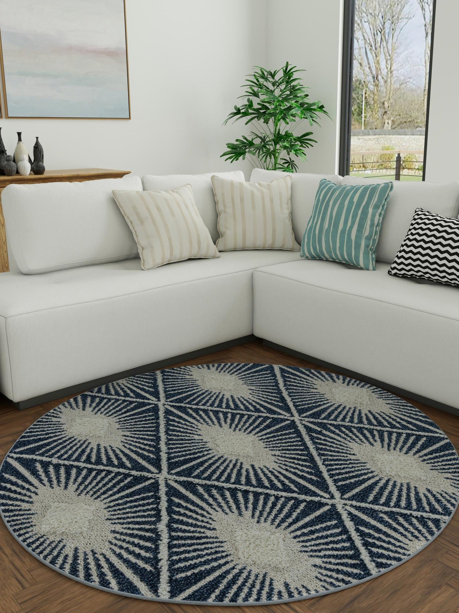 Blue 10' x 10' Boho Round Area Rug 100% Polyester With Cotton Backing Geometric Modern Boho Bohemian Decor Carpet for Living Rooms Office Dining Kitchen Unique Interior Design for Sale at Rug Engine
