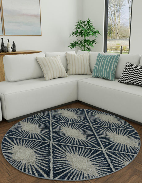 Blue 10' x 10' Boho Round Area Rug 100% Polyester With Cotton Backing Geometric Modern Boho Bohemian Decor Carpet for Living Rooms Office Dining Kitchen Unique Interior Design for Sale at Rug Engine