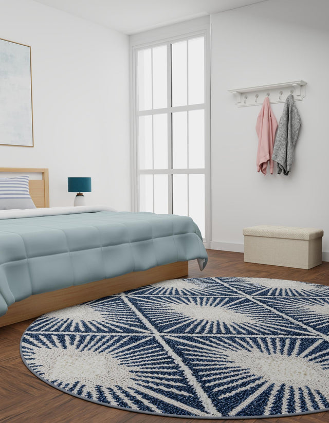 Blue 10' x 10' Boho Round Area Rug 100% Polyester With Cotton Backing Geometric Modern Boho Bohemian Decor Carpet for Living Rooms Office Dining Kitchen Unique Interior Design for Sale at Rug Engine