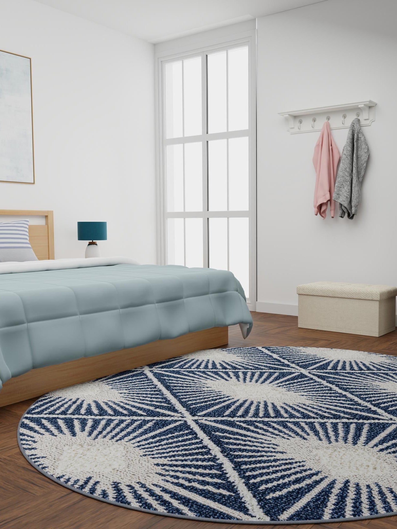 Blue 7' 10 x 7' 10 Boho Round Area Rug 100% Polyester With Cotton Backing Geometric Modern Boho Bohemian Decor Carpet for Living Rooms Office Dining Kitchen Unique Interior Design for Sale at Rug Engine