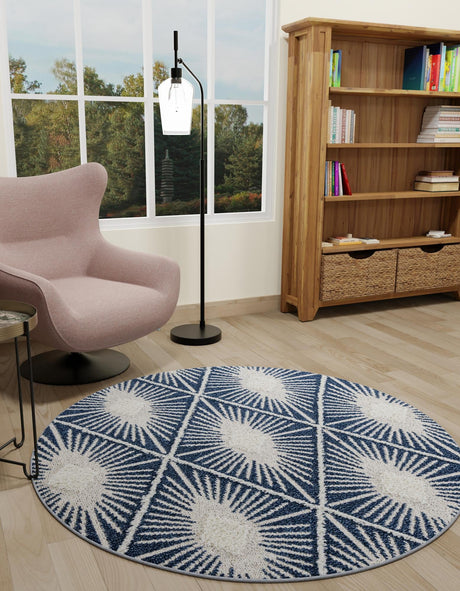 Blue 10' x 10' Boho Round Area Rug 100% Polyester With Cotton Backing Geometric Modern Boho Bohemian Decor Carpet for Living Rooms Office Dining Kitchen Unique Interior Design for Sale at Rug Engine